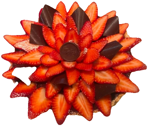 A strawberry tart with dark chocolate fans and the Tahi seal
